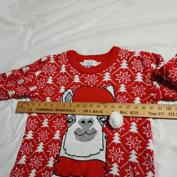 Ugly Christmas Sweater Med LAMA Santa PomPom Red Christmas Trees Snowflakes POOF - Picture 6 of 9